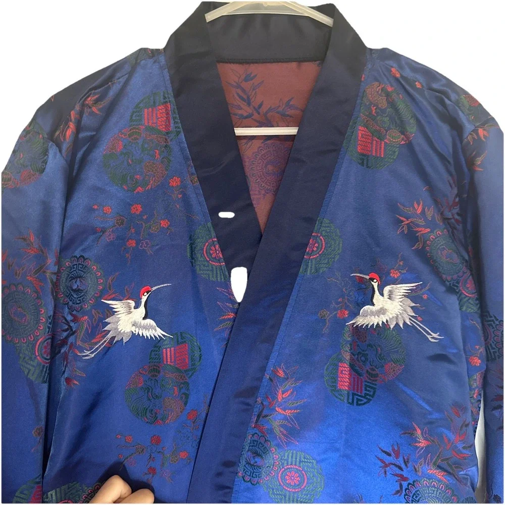 Vintage Silk Blend Chinese Hand Embroidered Kimono Robe Flower Birds Crane Stork - Picture 2 of 9